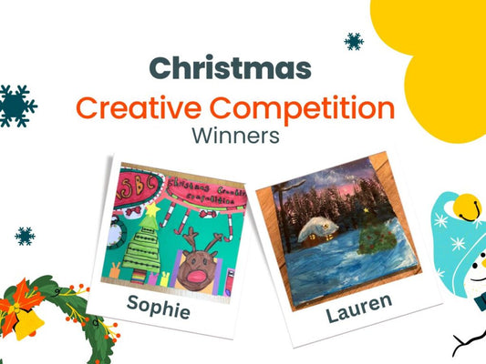 A graphic with a white background, Christmas wreath and snowflakes, featuring two images of the winning competition entries and text above them saying 'Christmas Creative Competition Winners'