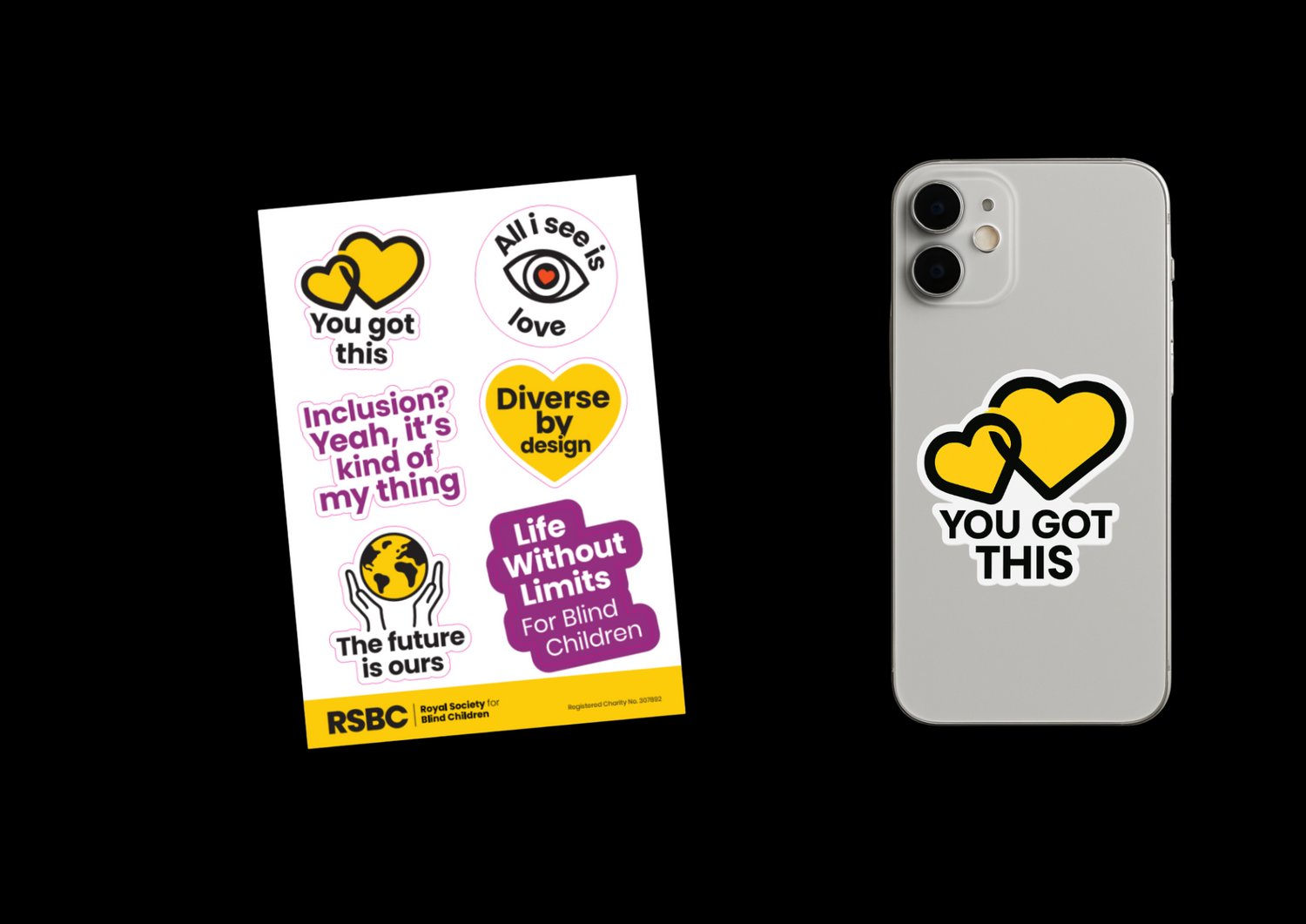 A poster with various inclusive messages on a black background and a sheet of colorful stickers promoting inclusion and support for blind children, featuring phrases like 'You got this' and 'Life Without Limits'.