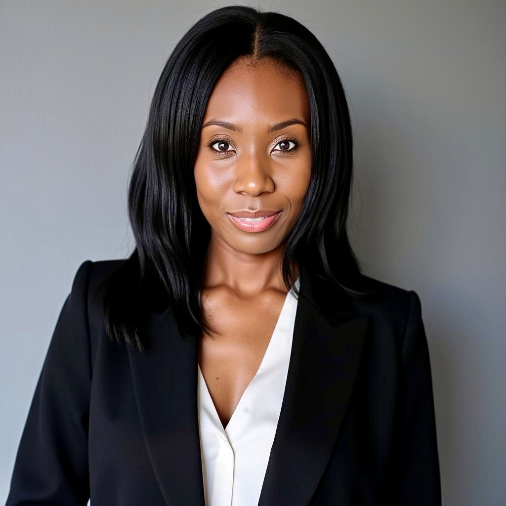A woman with black hair and wearing a white shirt and black jacket smiles slightly as she looks straight into the camera.