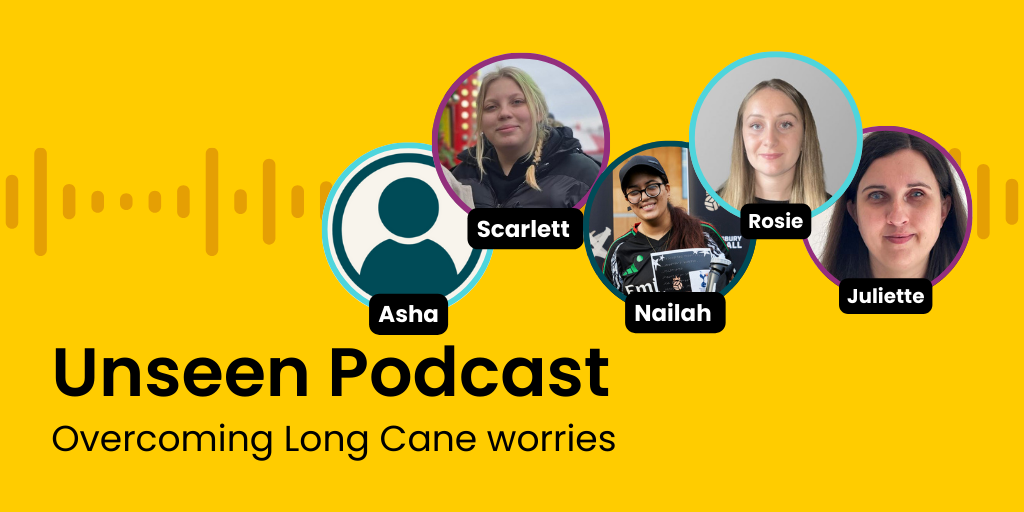 Unseen Podcast graphic for overcoming long cane worries, showing Juliette and guests in circular portraits on a yellow background with a brown soundwave.