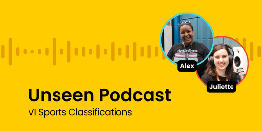 Graphic for a Unseen Podcast episode about VI sports classifications. It shows hosts Alex and Juliette, within circular frames on a yellow background, with a light brown soundwave running horizontally across the centre of the image.