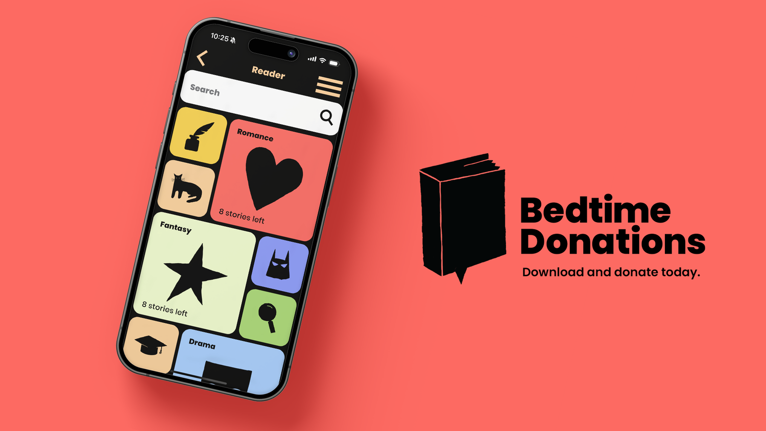 Phone app screen with colorful icons on a red background, with the 'Bedtime Donations' logo next to it.