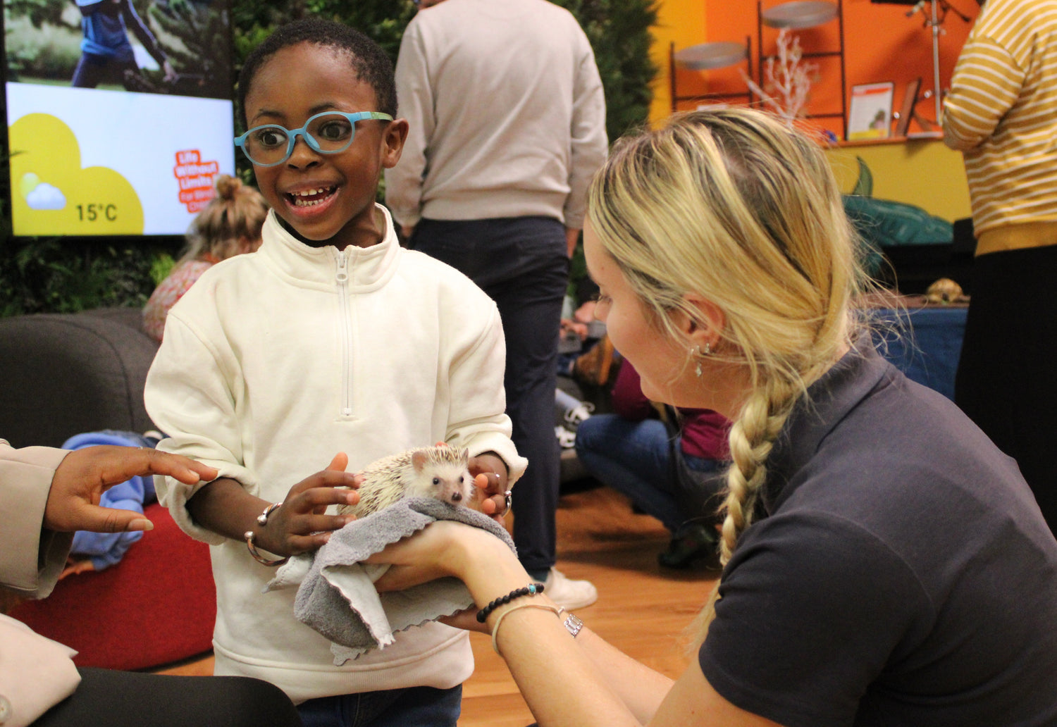 Young person smiling and carefully touching a Hedgehog being held in an adults hand.