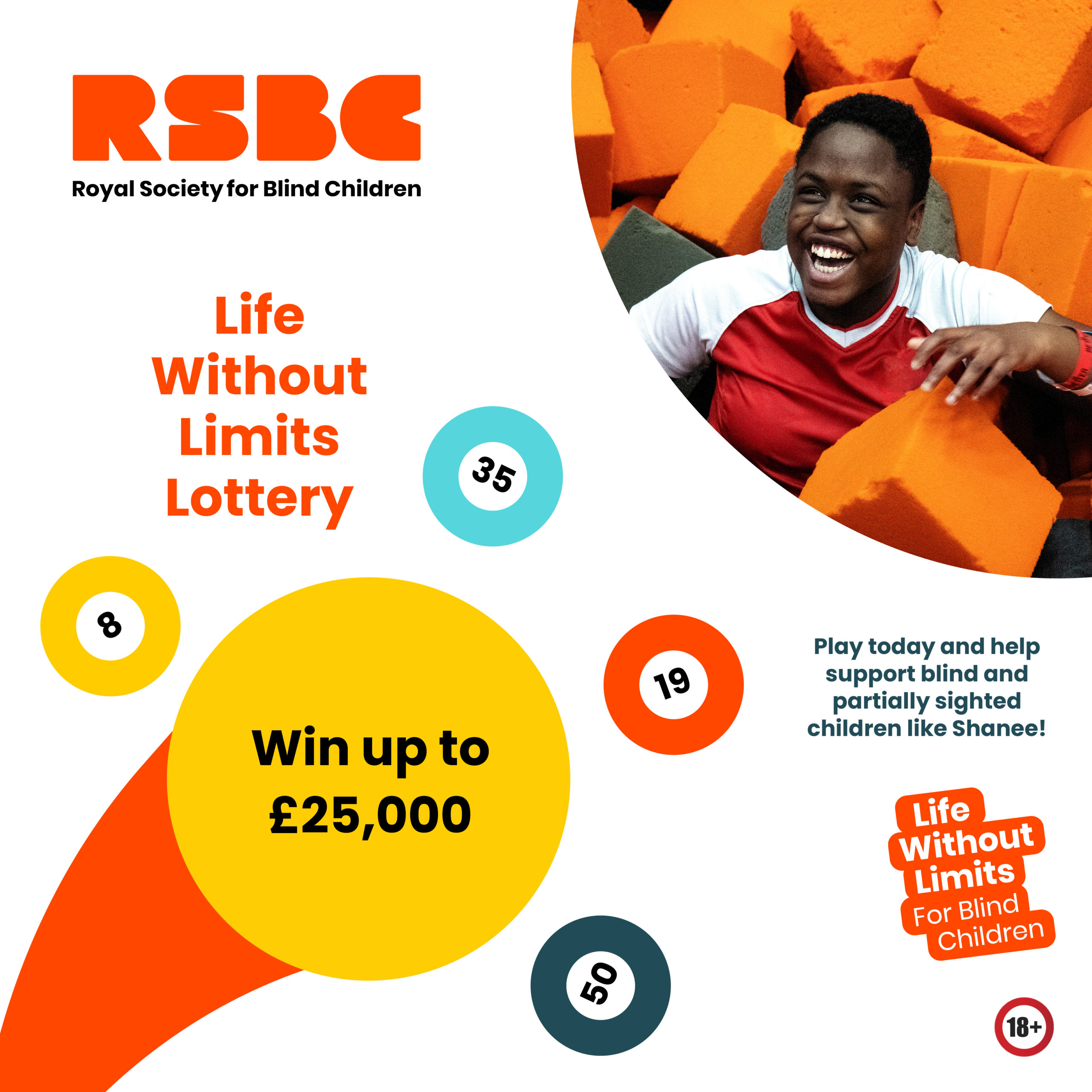 Graphic with different coloured lottery balls, the text 'Life Without Limits Lottery, and a photo of a young girl smiling in a foam pit