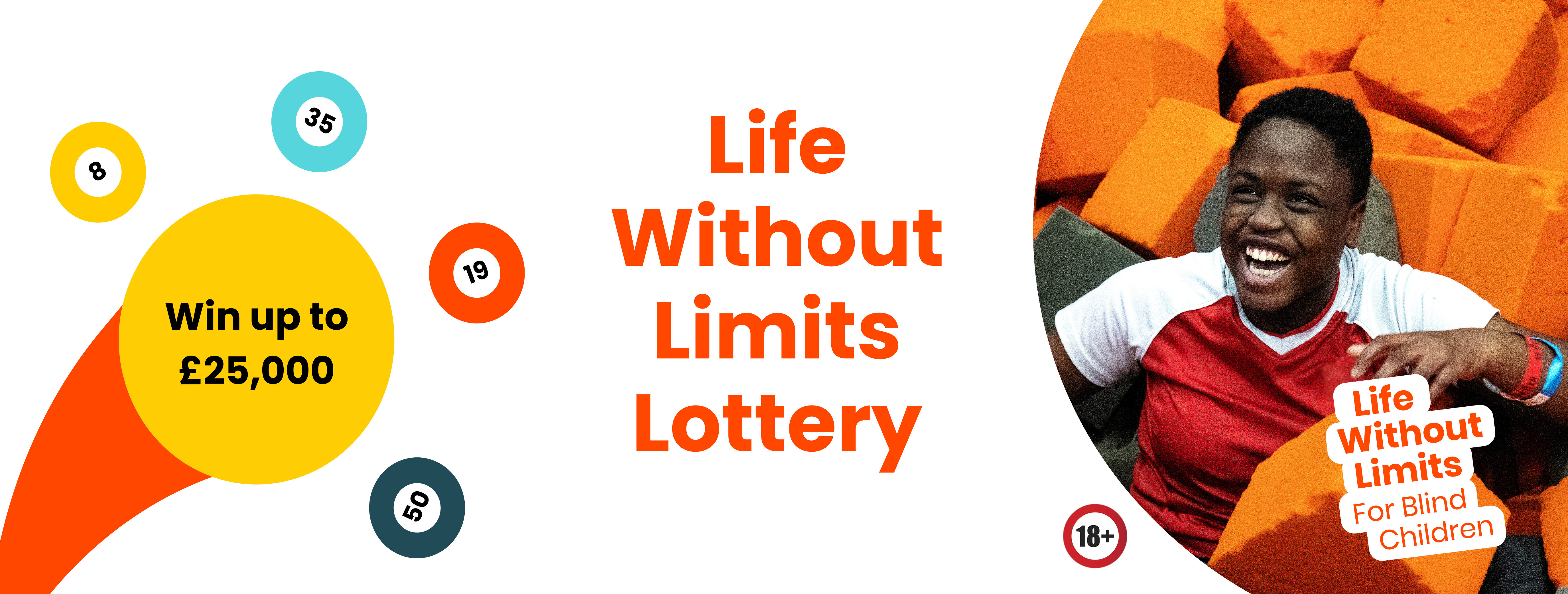 Graphic with different coloured lottery balls, the text 'Life Without Limits Lottery', and an image of a young girl smiling in a foam pit