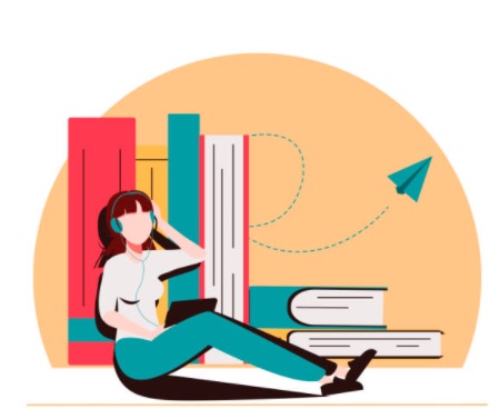 Graphic of a woman sitting by a bookshelf, she is listening to music