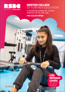 Young woman on a rowing machine with the RSBC Dorton College Cotact information at the top