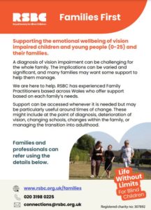 Front page of the Families First service leaflet showing the RSBC logo, text, images and contact information
