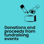 blue and black graphic showing the illustration of a donating action with text that reads:"Donations and proceeds from fundraising events"