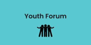 A blue graphic with an icon representing young people together. The text reads: "Youth Forum"