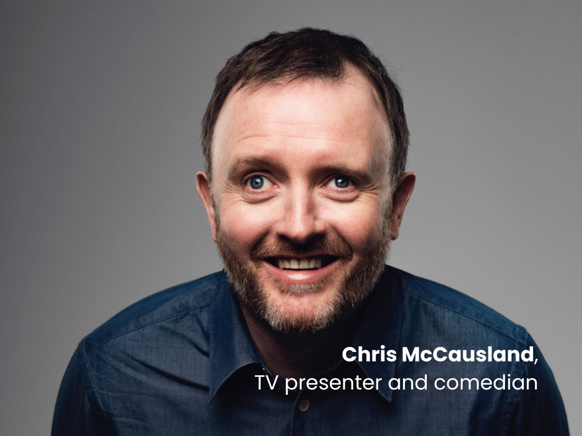 Close up portrait of a middle aged man smiling. The text reads: Chris McCausland, TV presenter and comedian