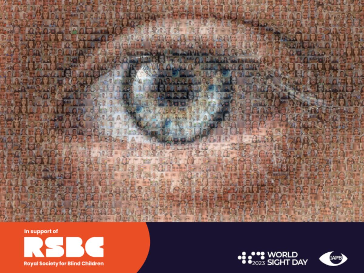 A mosaic representing an eye made of thousands of images of eyes. At the bottom, there is an "in support RSBC logo" next to the World Sight Day logo.