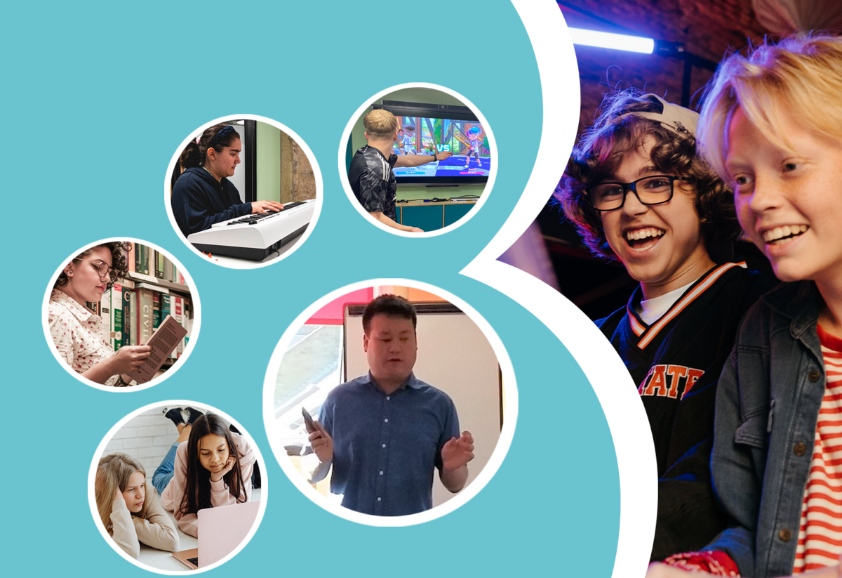Banner on blue background. It features photos 5 different photos of teens doing activities such as online gaming, playing piano, reading a book and watching a video on a laptop. On the right a bigger picture pictures two kids smiling slightly off camera.