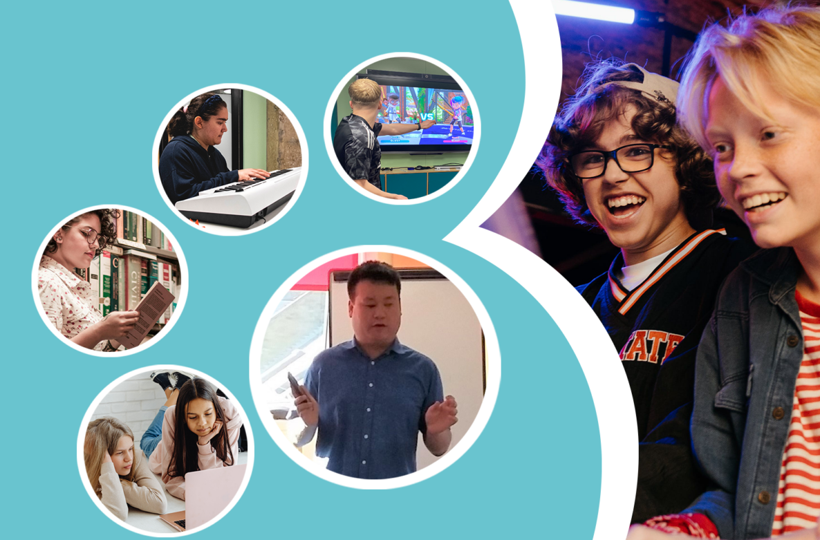 Banner on blue background. It features photos 5 different photos of teens doing activities such as online gaming, playing piano, reading a book and watching a video on a laptop. On the right a bigger picture pictures two kids smiling slightly off camera.