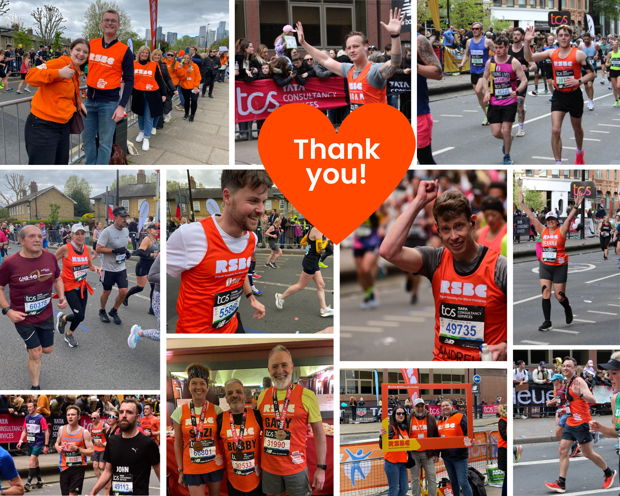 A photo album of 11 images from the London Marathon. Overlayed on 3 images is an orange love heart with the words "Thank you!" The photos are group shots of volunteers, runners on the street of London, runners with a Selfie frame and runners posing with their medals.
