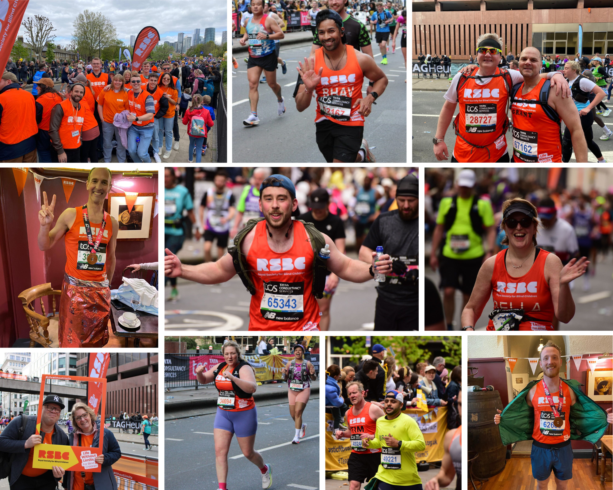 A photo album of 10 images from the London Marathon. The photos are group shots of volunteers, runners on the street of London, runners with a Selfie frame and runners posing with their medals.