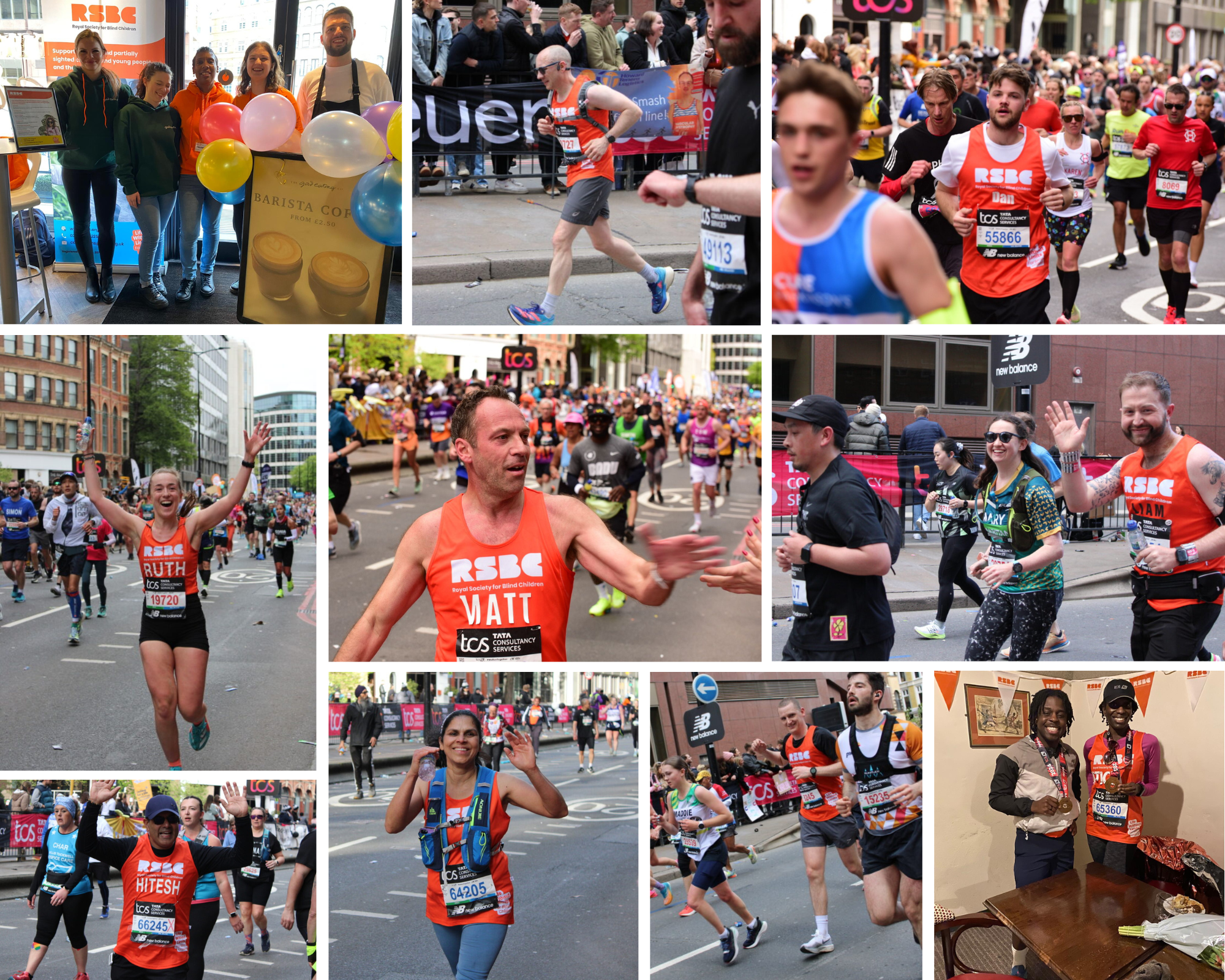 A photo album of 10 images from the London Marathon. The photos are a group shot of volunteers in a cafe with cafe owner standing by a sign with balloons, runners on the street of London, and runners posing with their medals.