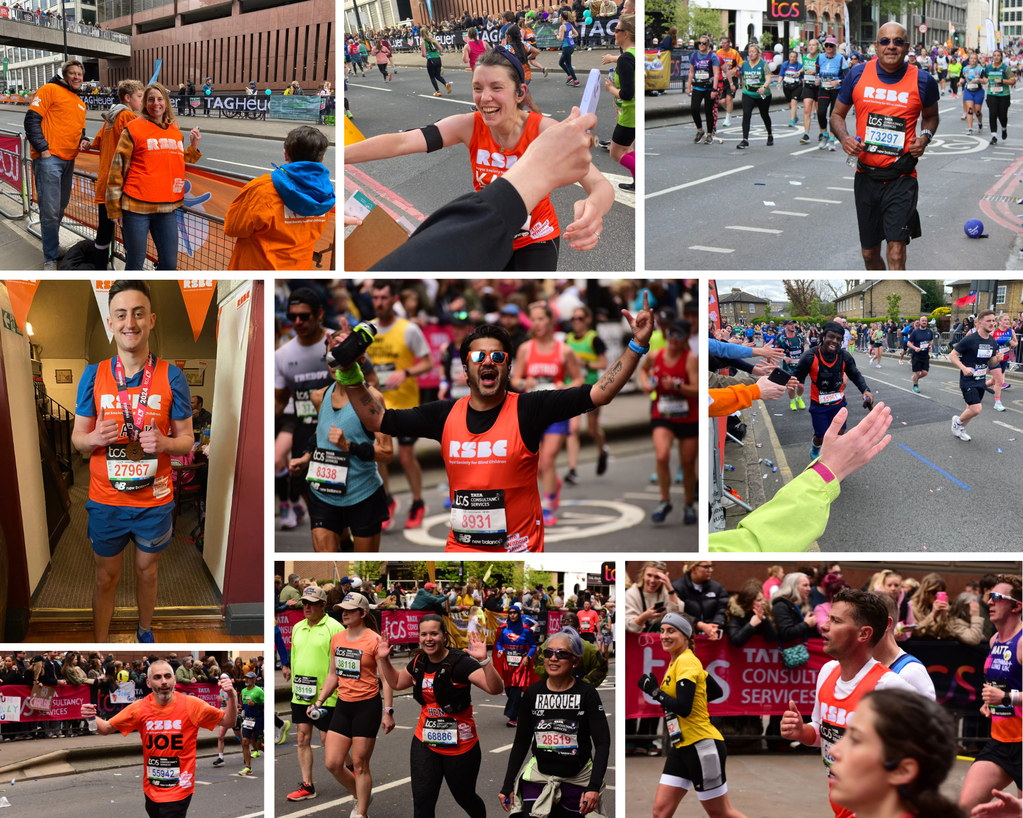A photo album of 9 images from the London Marathon. The photos are a group shot of volunteers standing on a street awaiting runners, runners on the street of London - some waving to the crowd, and runners posing with their medals.