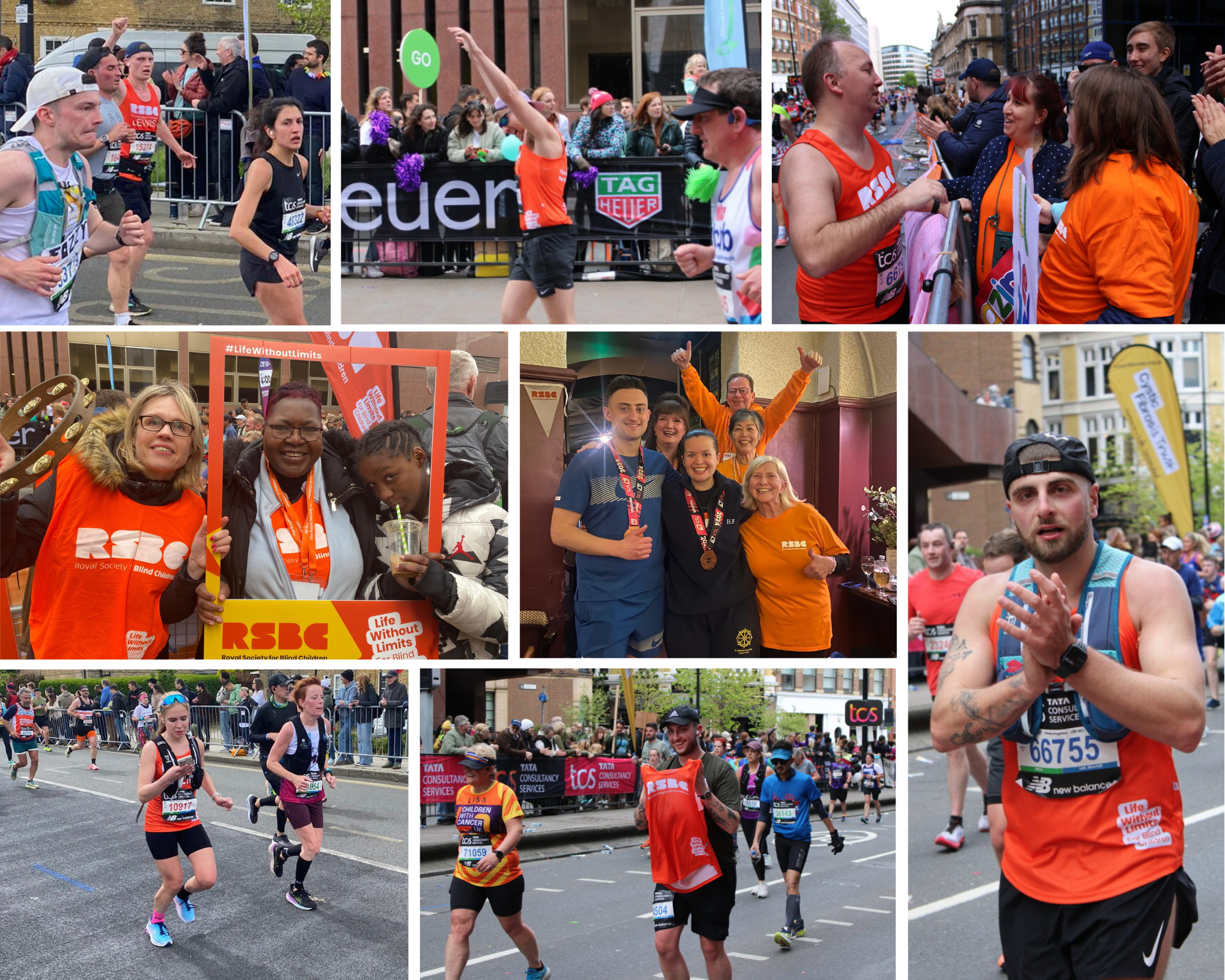 A photo album of 9 images from the London Marathon. The photos are a group shot of volunteers standing on a street holding a selfie frame, runners on the street of London - some waving to the crowd, a male runner clapping, and runners posing with their medals.