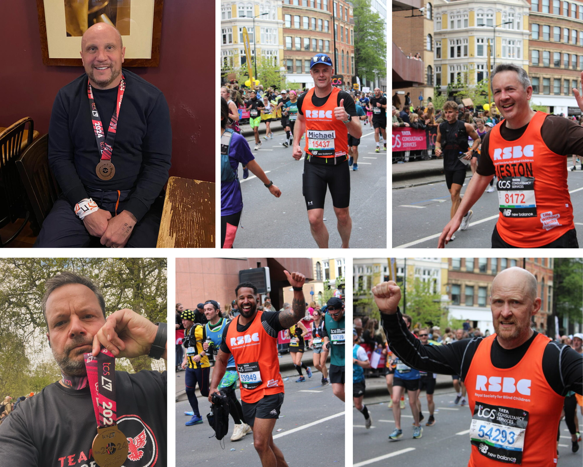 A photo album of 6 images from the London Marathon. The photos are of male runners on the street of London - some waving to the crowd, and 2 runners posing with their medals after the race.
