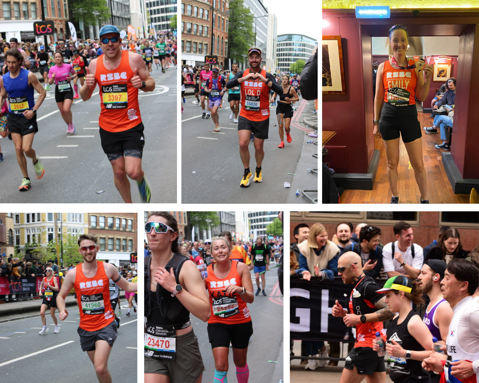 A photo album of 6 images from the London Marathon. Runners on the street of London - some signalling to the crowd, and 1 female runner posing with her medal after the race.