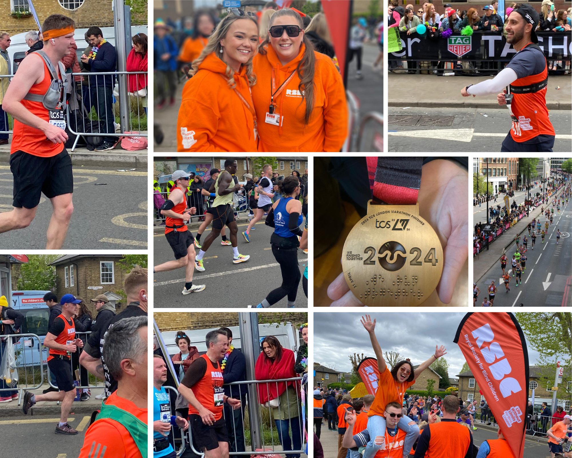 A photo album of 9 images from the London Marathon. Runners on the street of London, 2 female volunteers posing for the camera, a close up of a marathon medal and a female volunteer sitting on the shoulders of a male volunteer with her arms raised high waving to the camera.